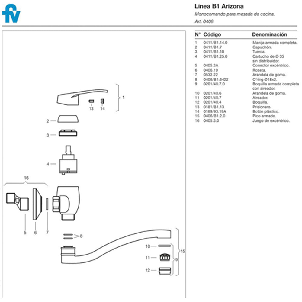 Grifer a Para Cocina Monocomando Pared Fv Arizona 406 B1