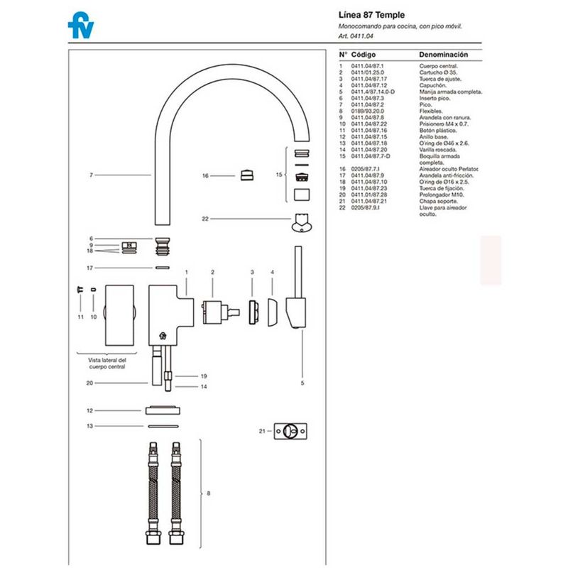 Despiece-Griferia-Cocina-Monocomando-Temple-411-04-87