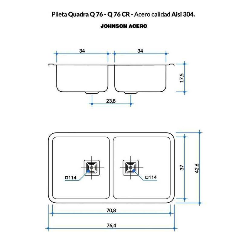PiletaCocinaDobleQuadraQ76JohnsonAcero