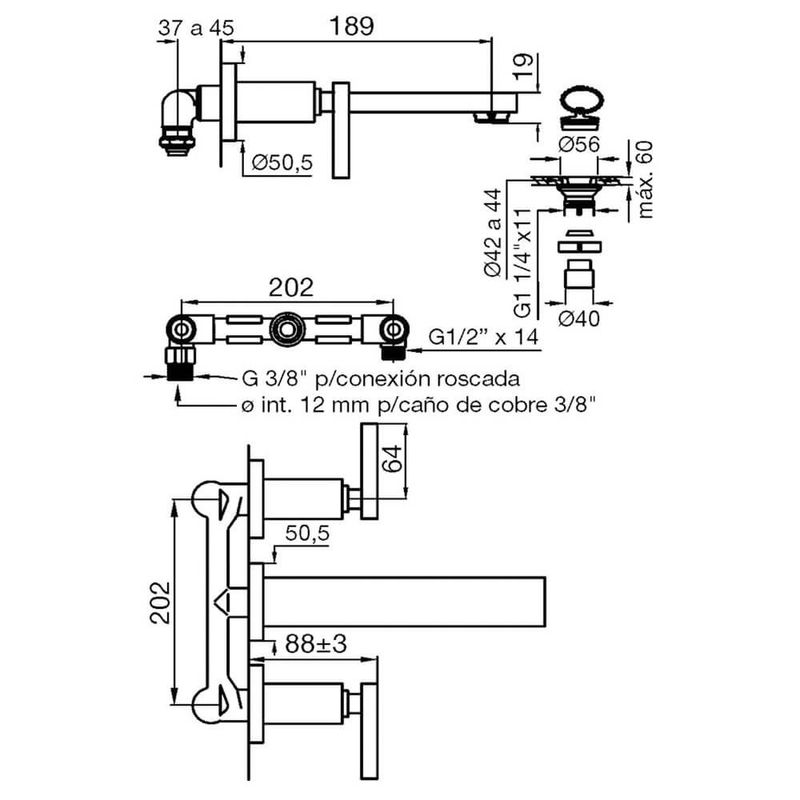 Griferia-Lavatorio-Pared-Lever-Satinada-Dominic-Fv-203-85L-esquema