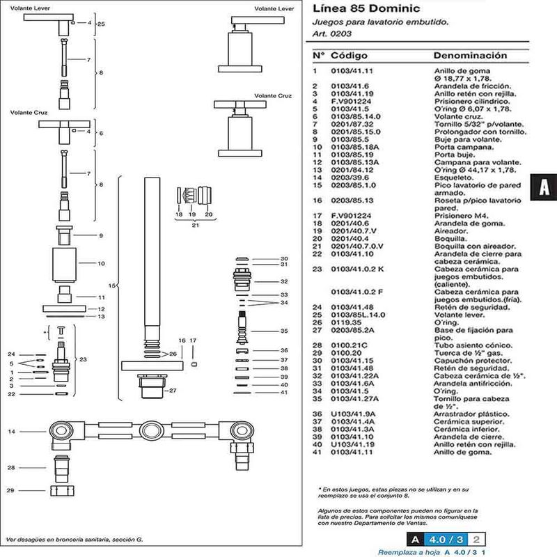 Griferia-Lavatorio-Pared-Lever-Satinada-Dominic-Fv-203-85L-despiece