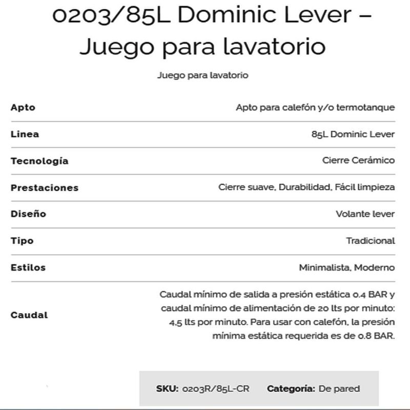 Griferia-Lavatorio-Pared-Lever-Satinada-Dominic-Fv-203-85L-ficha-tecnica