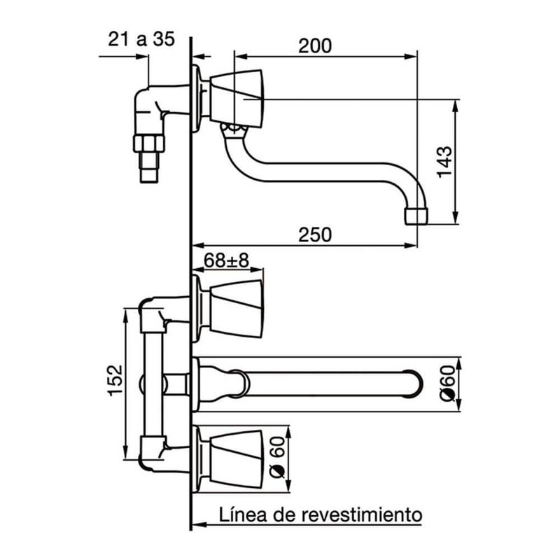 Griferia-de-Cocina-Pared-Cromo-Pico-Bajo-Movil-Fv-Ola-403-38-esquema
