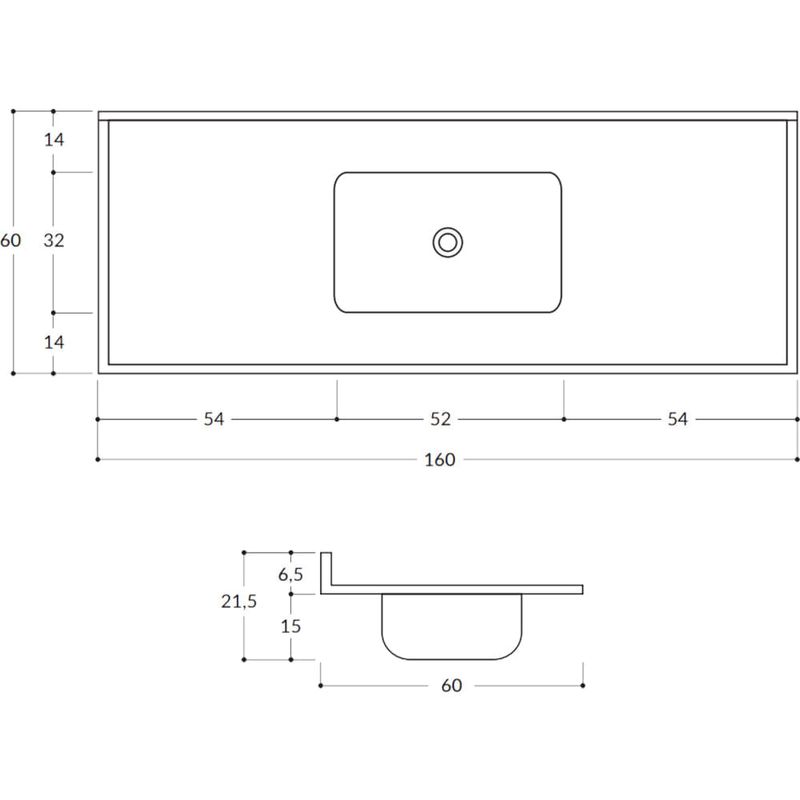 Mesada MS 1,60x60 Bacha Simple Centro Negra MM633 Durafort